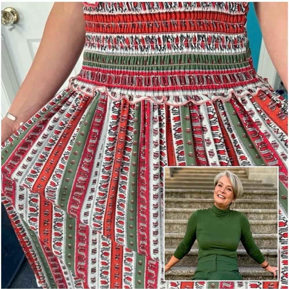 🇨🇦 Vintage Folk Art Smocked Convertible Skirt Dress Red Green Made in Canada - Picture 3 of 16